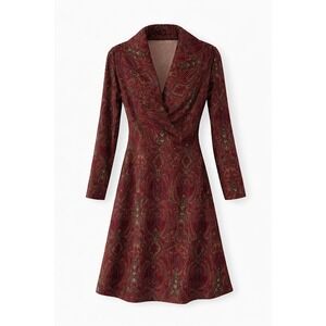 Boho Chic Retro Print Paisley Wrap Dress Long Sleeve V Neck A Line Burgundy